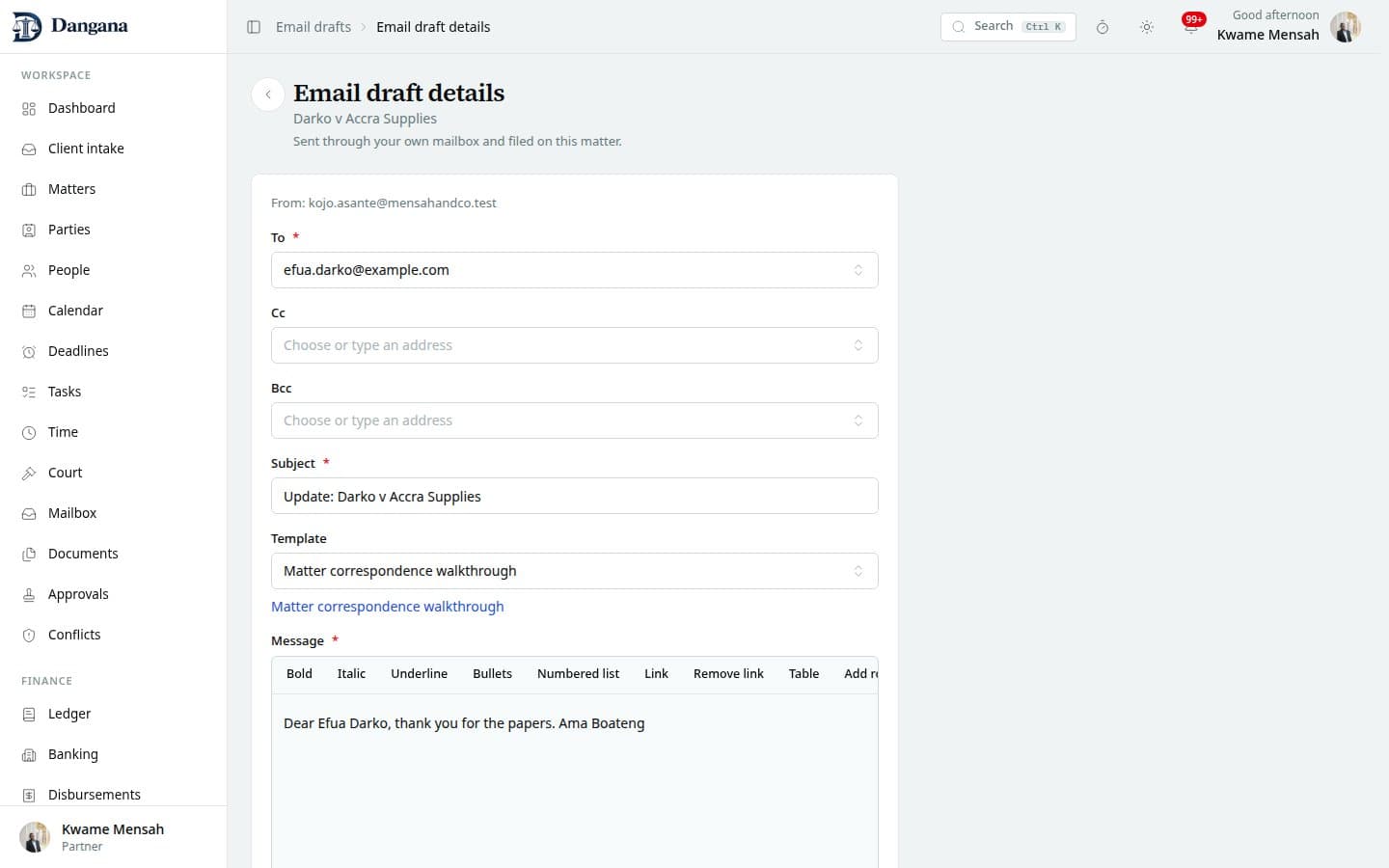 A personal mailbox draft with recipients, rich text, attachments and signature.