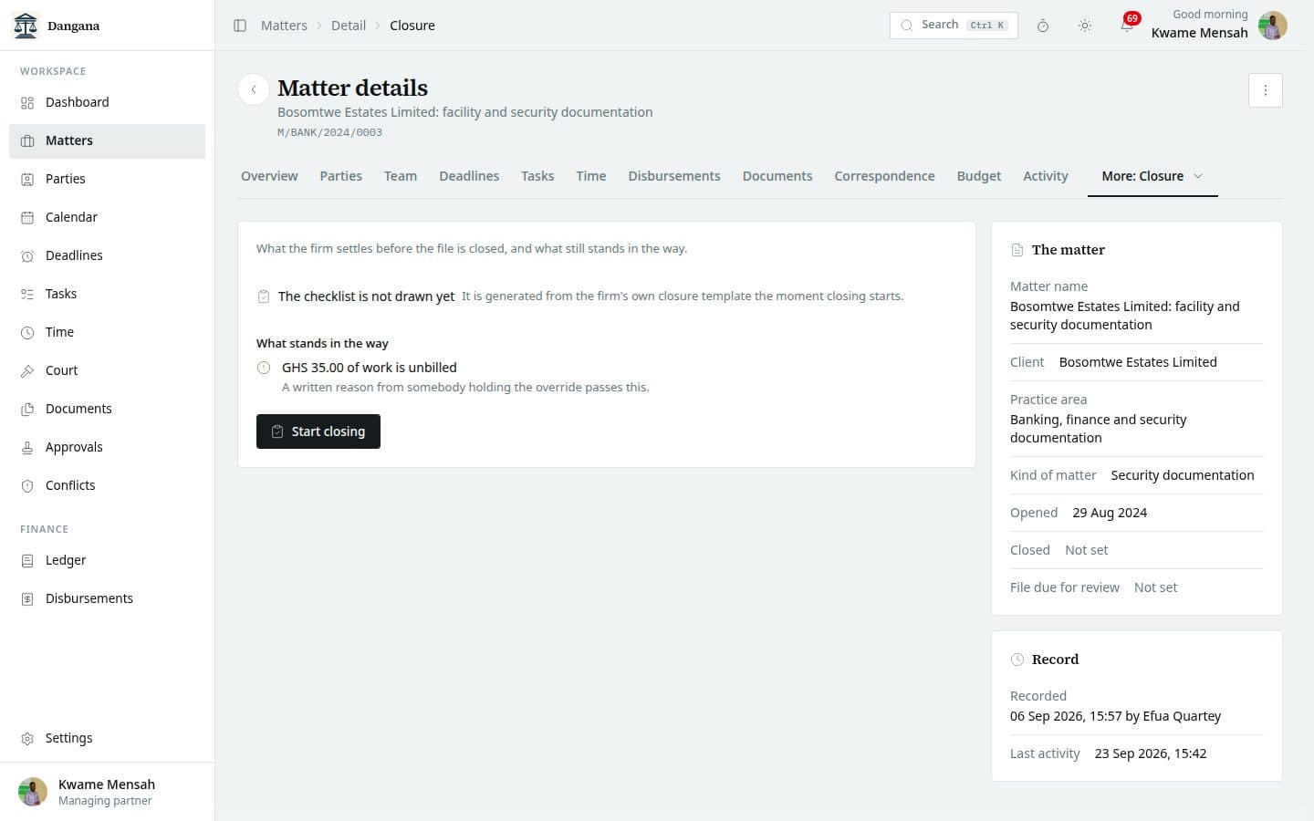 A matter's closure checklist with what still blocks the close.