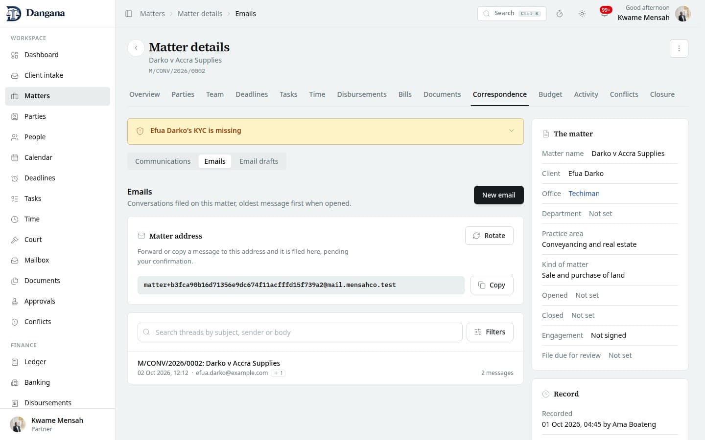 The matter's email conversations with search and filters.