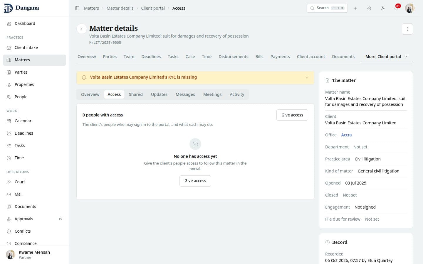 The client's people with portal access, what each may do and who gave it.