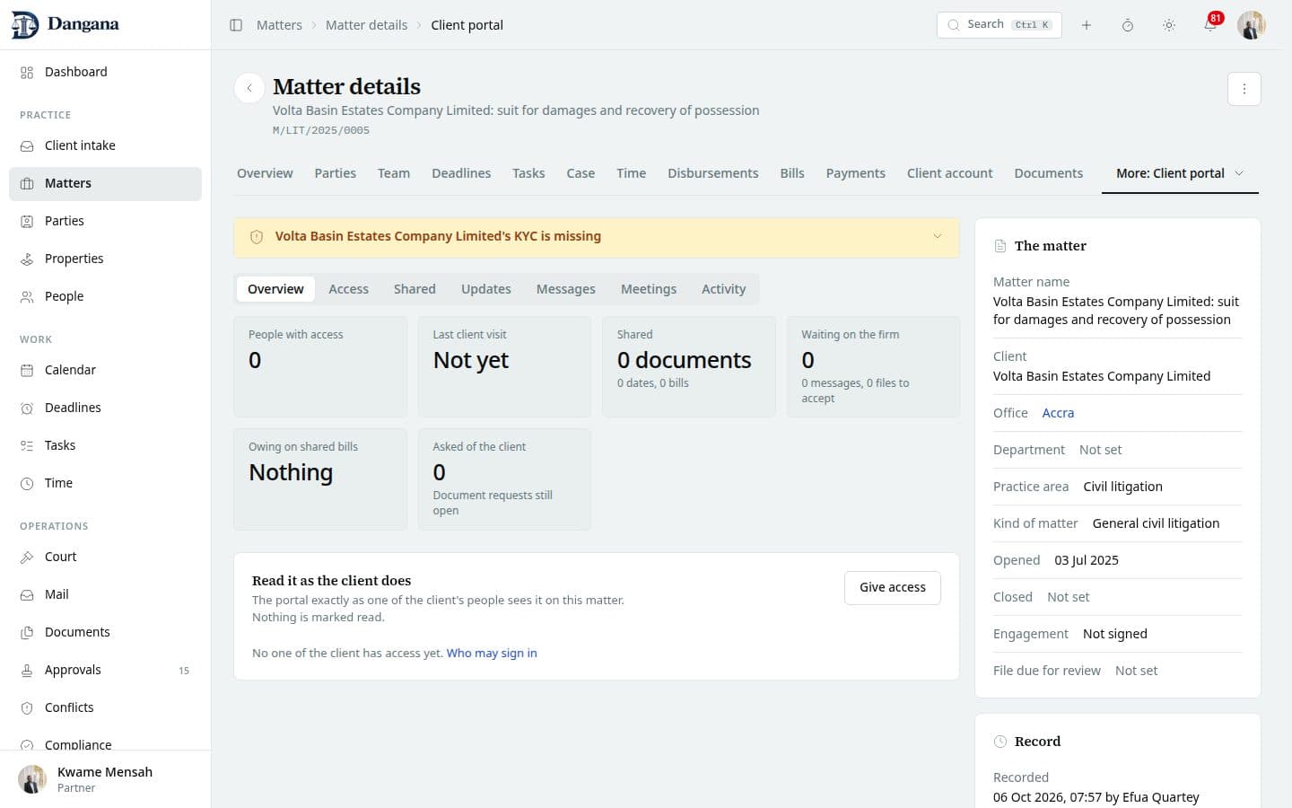 A matter's client portal tab: who has access, what is shared, what waits on the firm.