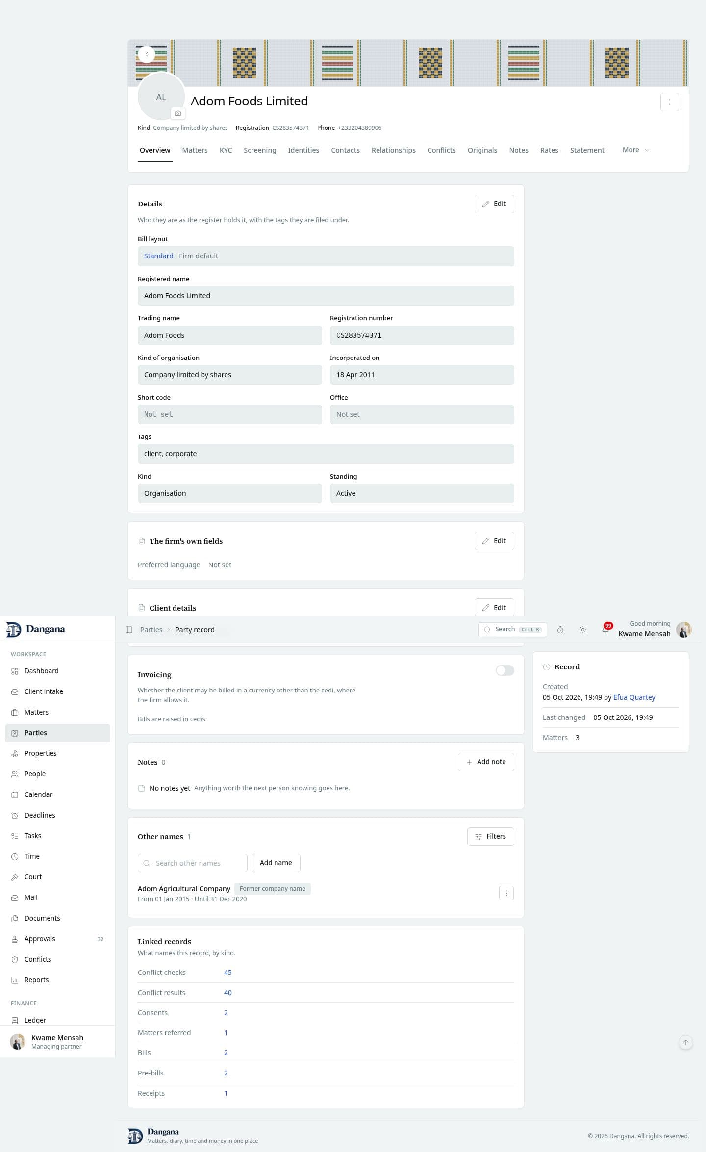 Other names on a party overview.