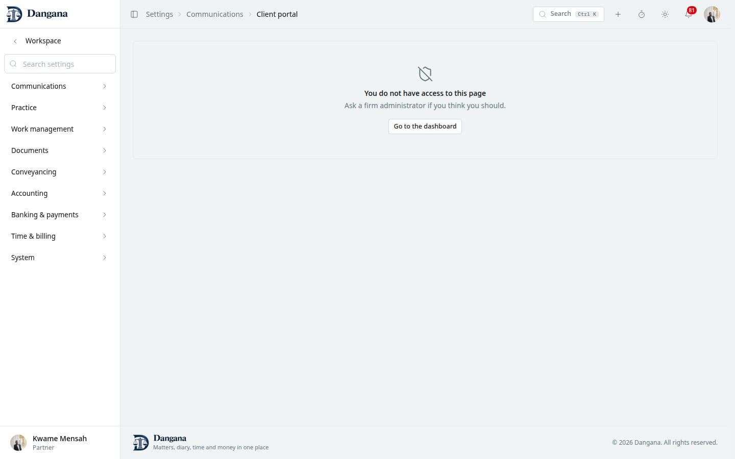 The firm's settings for its client portal.